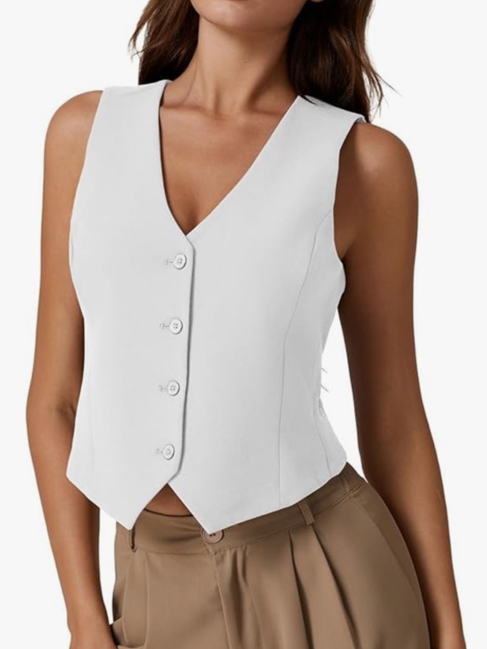 Qinsen Cream Ivory Cream Sleeveless V-Neck Button Vest